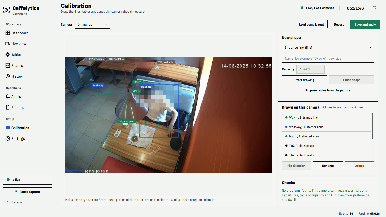 Calibration: the dining room camera picture with a line, tables and zones drawn on it, beside the list of everything drawn on this camera and a check that says what it can now measure. Faces are pixelated.